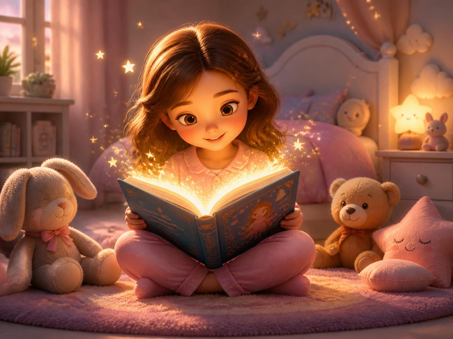 Child reading a glowing storybook